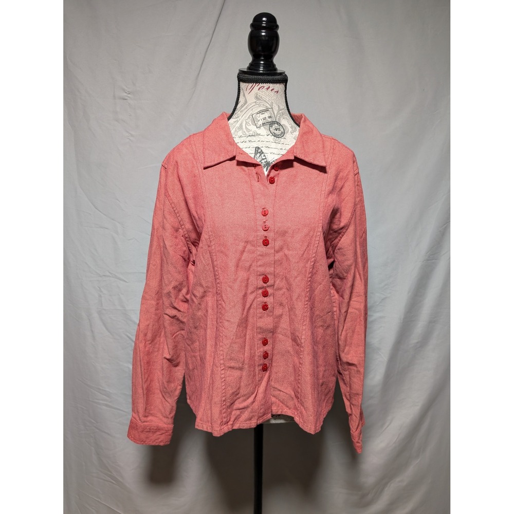 Christopher & Banks Red Button Blouse Cotton Shacket Pleated Back Women's Large